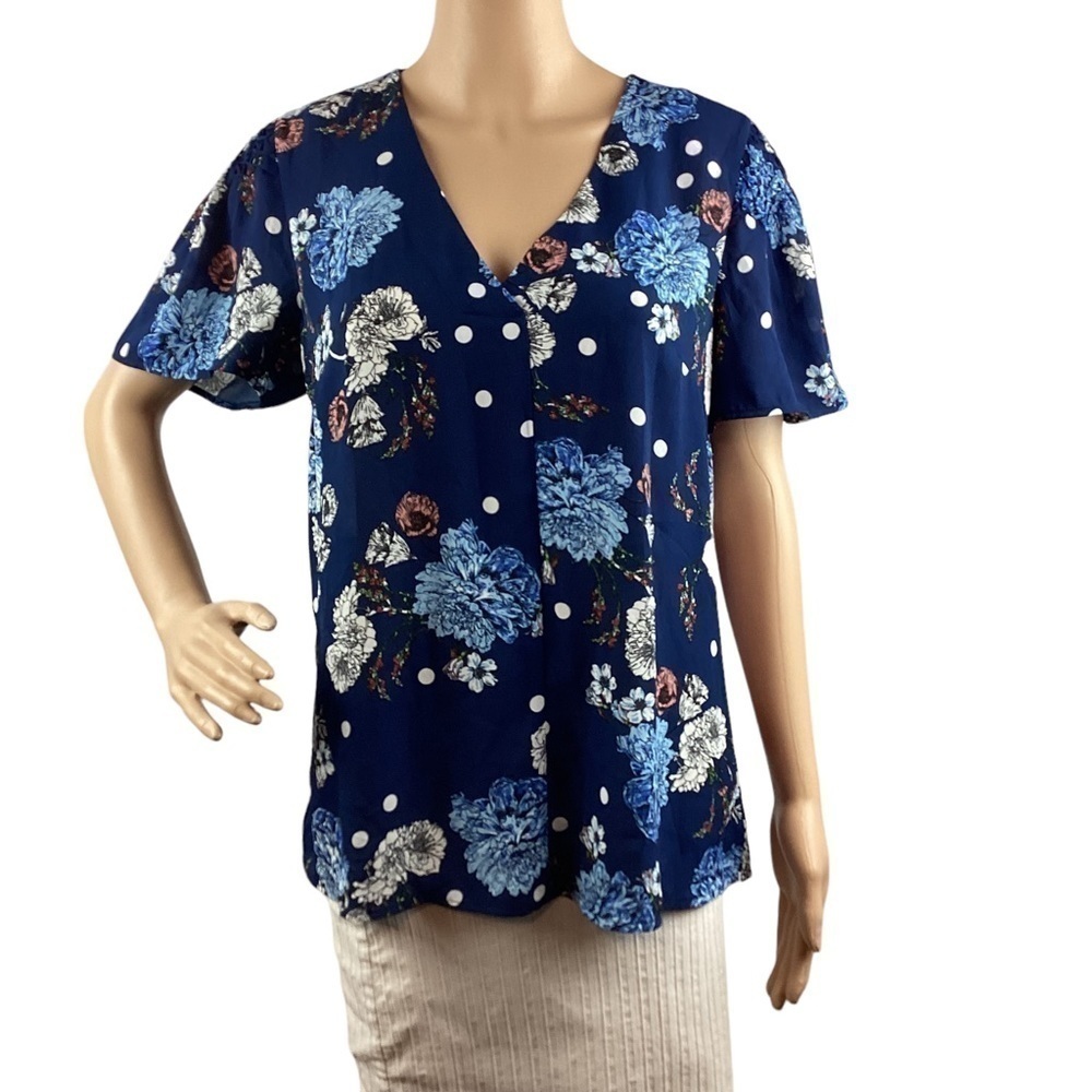 Daniel Rainn Top Size S Blue Floral Polka Dot